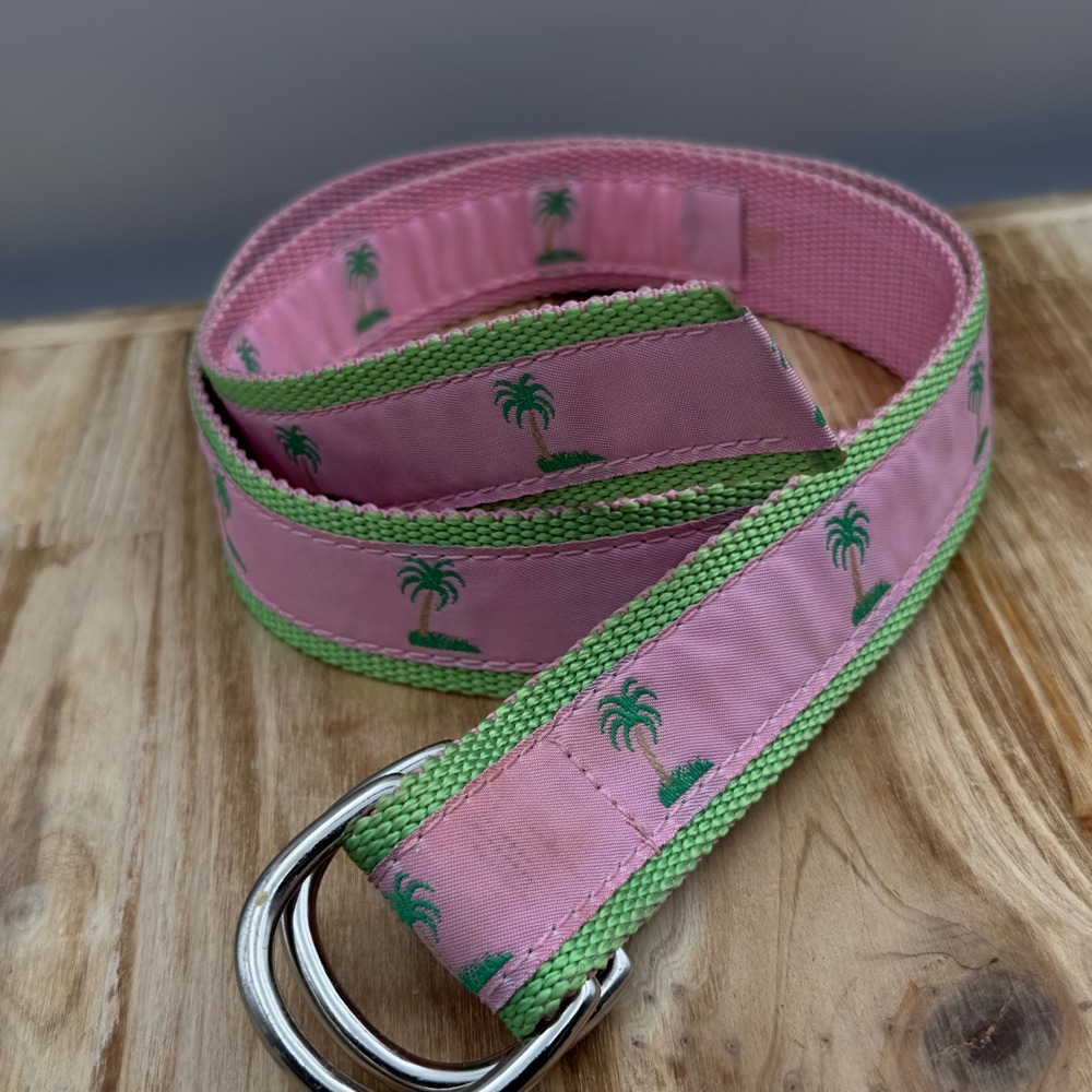 Eliza B Belt Pink Green Palm Tree D-Ring Ribbon Web S Preppy Tropical Coastal